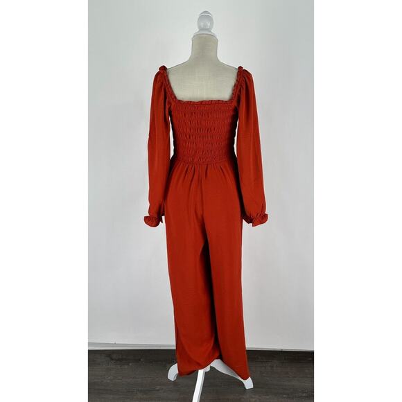 Francescas Womens Rachael Ruffle Hem Jumpsuit Long Sleeve Size Medium Orange NWT - Picture 6 of 10